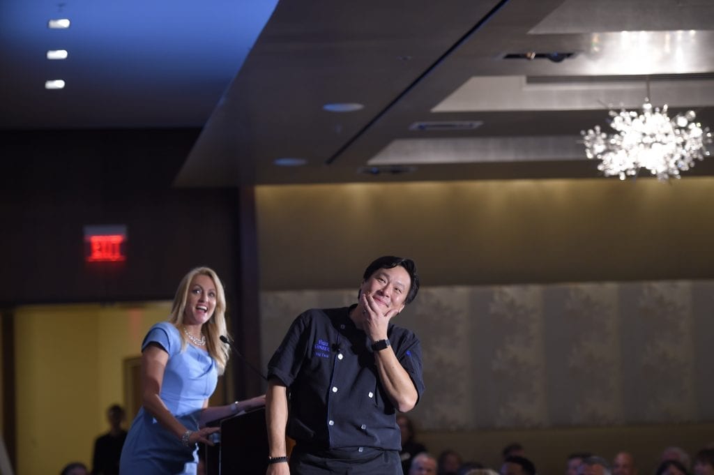 Chef Ming Tsai during the Family Reach fundraising event, "Cooking Live! Boston" in Boston, Tuesday, May 3, 2016. For more than two decades Family Reach has been providing financial support to families with a child sick with cancer. (Gretchen Ertl/AP Images for Family Reach Foundation)