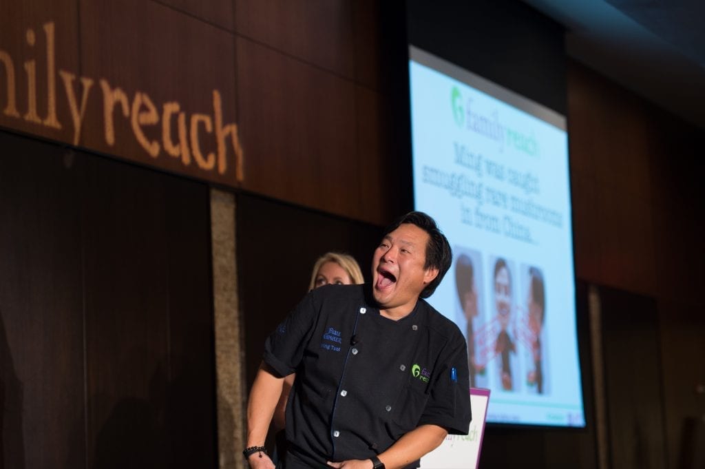 Chef Ming Tsai during the Family Reach fundraising event, "Cooking Live! Boston" in Boston, Tuesday, May 3, 2016. For more than two decades Family Reach has been providing financial support to families with a child sick with cancer. (Gretchen Ertl/AP Images for Family Reach Foundation)