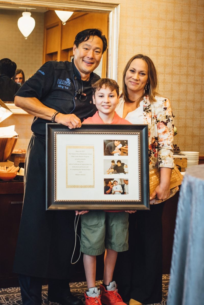 Chef Ming Tsai with cancer hero Mikalo and his mom at Cooking Live