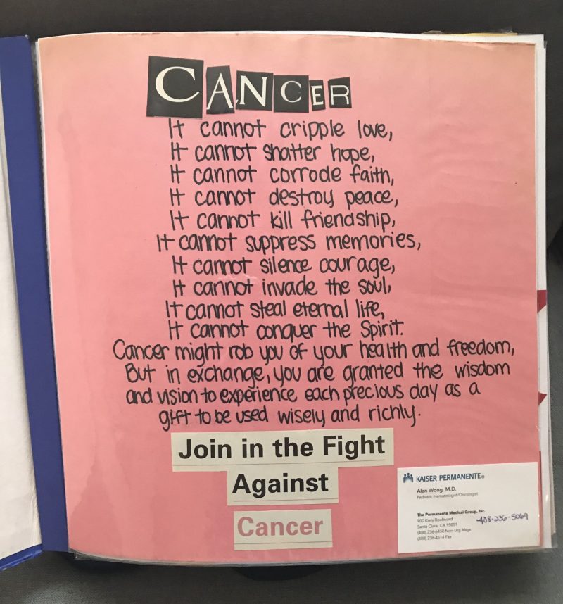 Photo of scrapbook page with poem about cancer