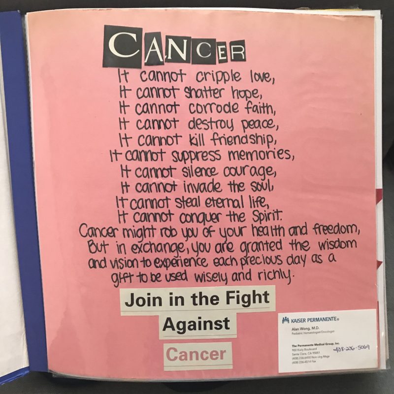 Photo of scrapbook page with poem about cancer